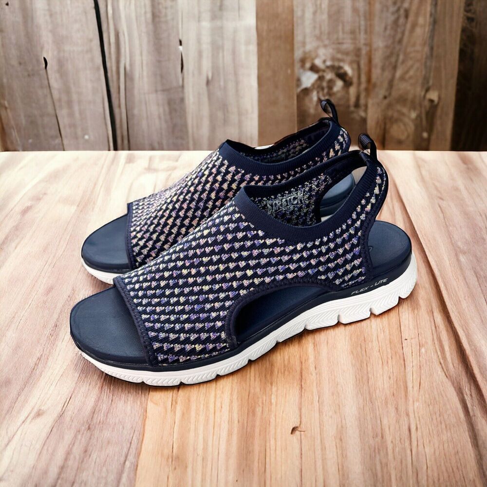 EUC Skechers Vegan Washable Slingback Sandals Flex Appeal 4.0 Navy/Multi Sz 10